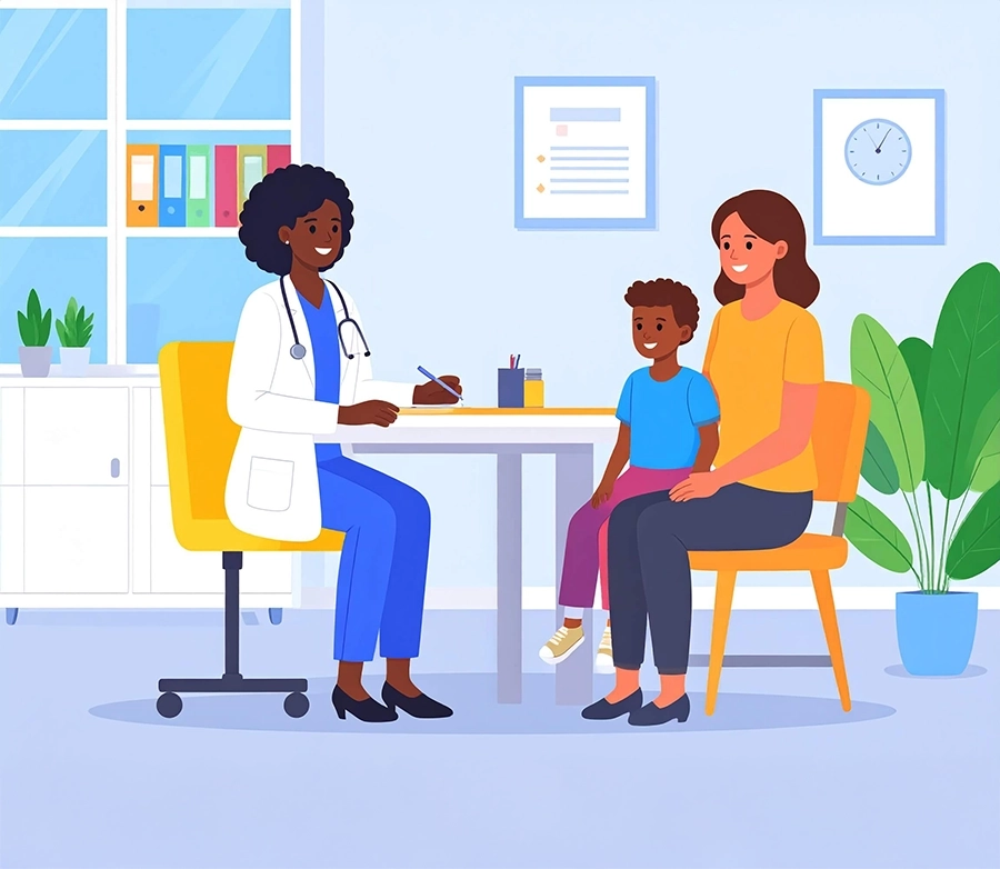 A smiling mother and a child sitting with their doctor at the doctor's office