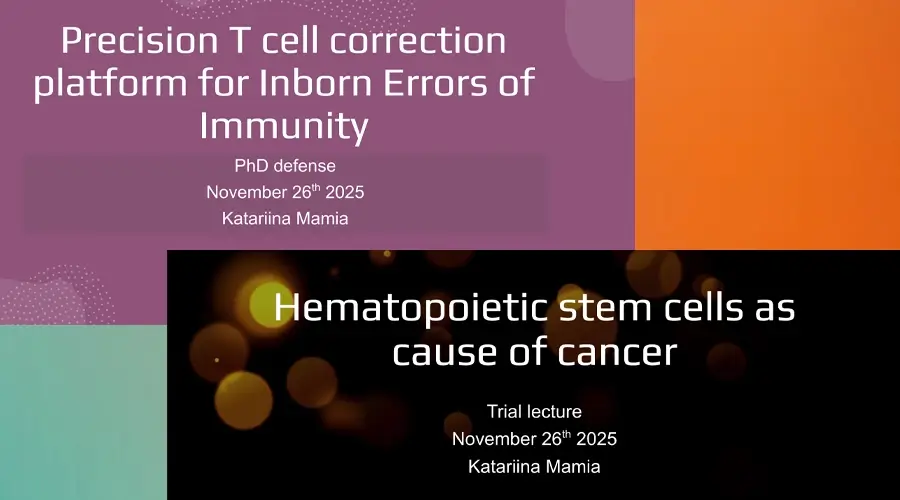 Featured image: title slides of Kata's PhD defence presentation and trial lecture